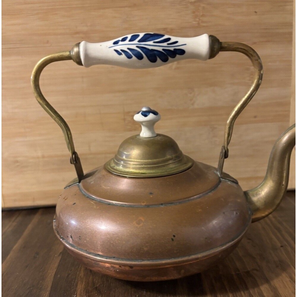 Copper Brass Tea Pot Kettle Ceramic and Copper Handle Delft Blue Holland